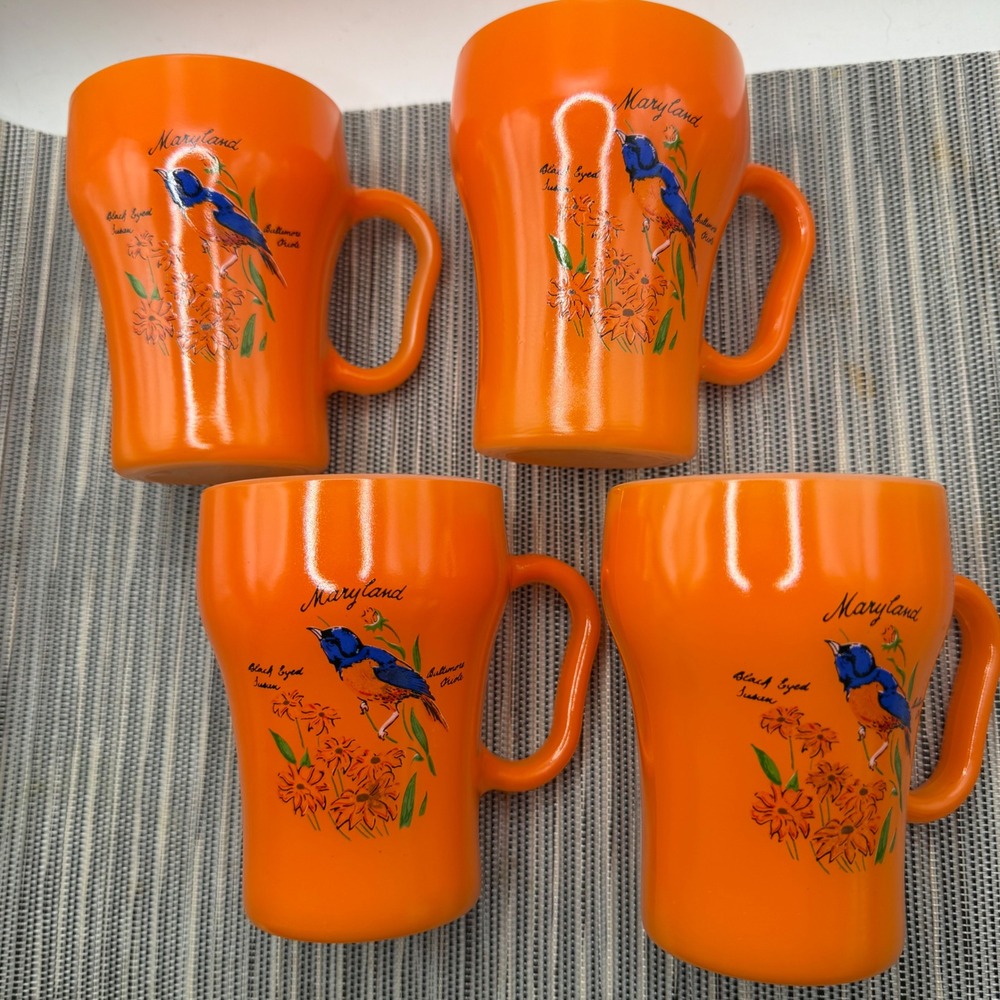 Vintage NOS Fire King Maryland Mugs Set of 4 Orange Milk Glass Oriole Flower USA